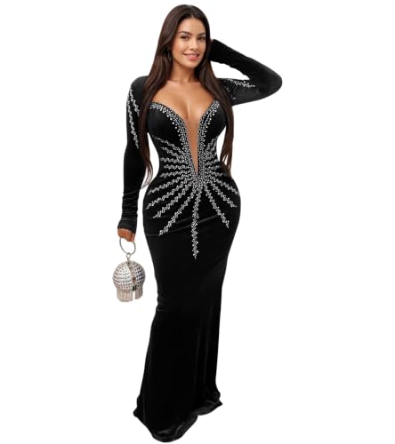 Image of PORRCEY Women's Sexy Rhinestone Lace Sheer Mesh Formal Evening Dress