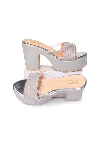 Image of Women's Stylish Platform Block Heel Sandals with Glitter Finish, Cross Strap Design, Cushioned Insole & Slip-On Comfort - Perfect for Weddings, Receptions, Festive & Evening