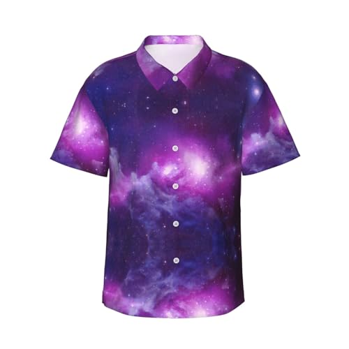 Chemise hawaïenne violette haut de gamme imprimé galaxie et finitions boutons