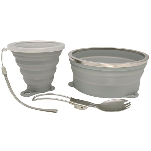 Cagelya Mess Kit for Camping Silicone Collapsible Bowl Collapsible Cup and Stainless Steel Spoon for Backpacking Outdoor Hiking Traveling and Picnic