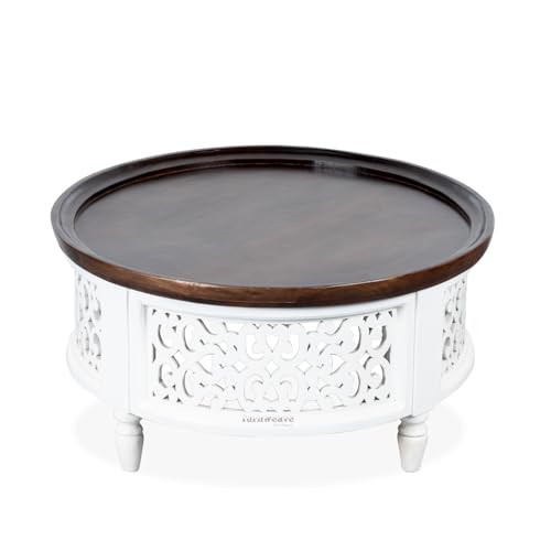 Image of Wooden Carved Coffee Table for Living Room | Center Table for Living Room Furniture | Solid Wood Round Tea Table for Home | Durable & Stylish Coffee Table for Home, Bedroom & Office (White)