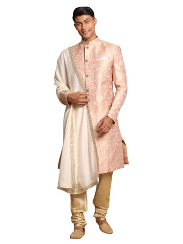 VASTRAMAY Men's Pink And Gold Silk Blend Sherwani Set - A Set Of ...