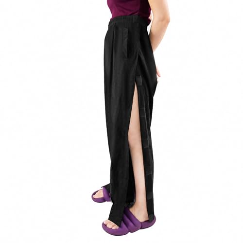 TZBFLC Reha Hose Damen Seitlich Zu Öffnen Baggy Jogginghose Seitlicher Klettverschluss Mit Taschen Sportswear Trainingshose Abreißen für Senioren Pflegebedürftige Rehahose Beinverletzung (XL).
