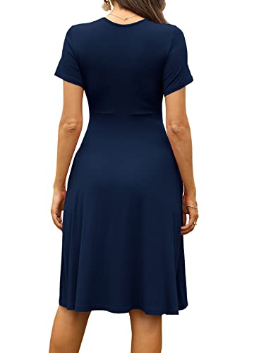 Weaczzy Womens Dresses Short Sleeve Casual Summer Dress V-Neck Party Dress With Pockets, Navy Blue, X-Large #TOP2
