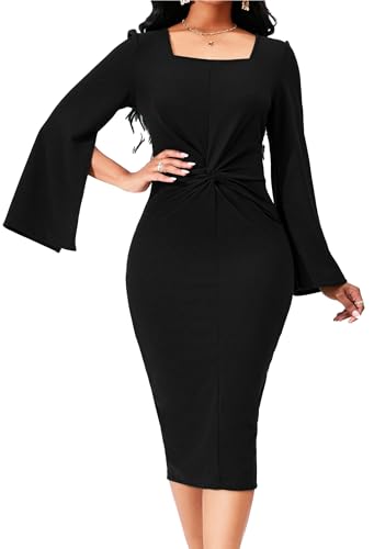 Image of Dresses for Women Elegant Long Sleeves Ruffles Pencil Knee Length Split Business Dress with Belt Zipper