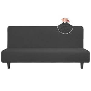 Easy-Going Stretch Futon Slipcover Armless Futon Bed Cover Furniture Protector Without Armrests with Elastic Bottom for Kids, Soft Jacquard Fabric Small Checks (Large, Dark Gray)