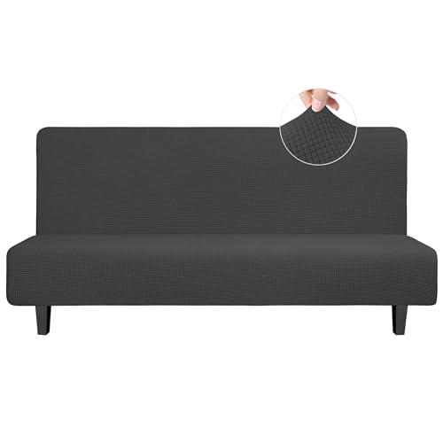Easy-Going Stretch Futon Slipcover Armless Futon Bed Cover Furniture Protector Without Armrests with Elastic Bottom for Kids, Soft Jacquard Fabric Small Checks (Large, Dark Gray)