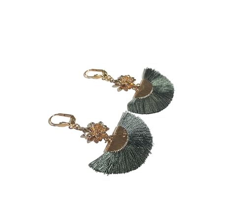 Pendientes flor de loto colgantes mujer joyería latón oro 24K resina textil verde originales