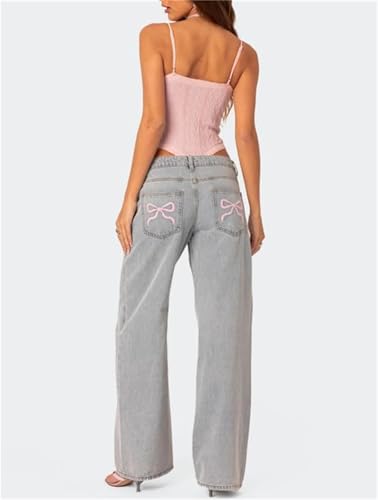 Yuemengxuan Women Y2k Low Rise Baggy Denim Pants Teen Girls Cute Bow Tie Wide Leg Jeans Casual Loose Jeans Party Streetwear4