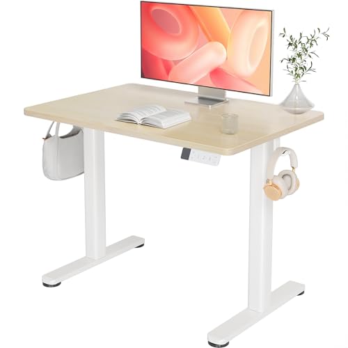 Image of Claiks Electric Height Adjustable Stand Up Desk, 35x20 Inches Sit Stand Desk for Home Office, Nature Top /White Frame