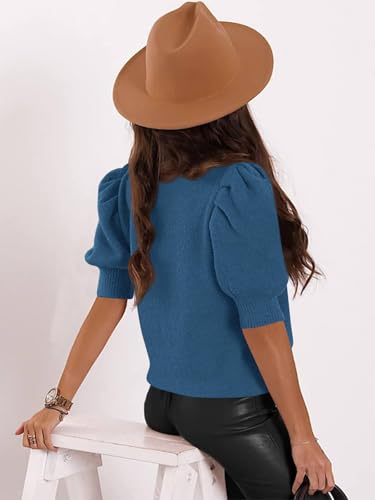 Image of Womens Puff Short Sleeve Sweater Tops V Neck Shirts Casual Pullover Blouse