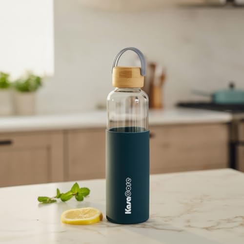 Image of Borosilicate Glass Water Bottle 500 ml | Leakproof Bamboo Lid & Silicone Sleeve | BPA Free Reusable Drinking Bottle for Office, Gym, Travel & Daily Use