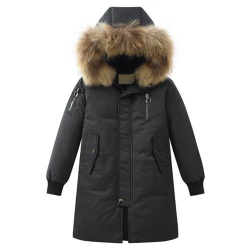Boys Girls Long Hooded Down Jacket Kids Winter Warm Puffer Down Coat with Furry Hood Outerwear Parka (Black, 7-8 Years)