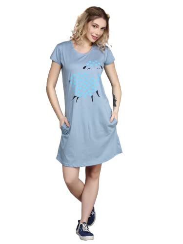 Image of Meerkat Women Short Sleeve Knee Length Cotton Knits Printed Short Nighty /Long Shirt /Midi