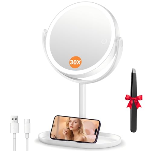Auxmir 30X Magnifying Mirror with Light, 9'' Rechargeable Makeup Mirror with Tweezer, 3 Color Stepless Dimmable Mirrors with Phone Holders, 360° Free Standing Detachable Vanity Mirrors for Bedroom - Cosy Home Interiors Auxmir 30X Magnifying Mirror with Light, 9'' Rechargeable Makeup Mirror with Tweezer, 3 Color Stepless Dimmable Mirrors with Phone Holders, 360° Free Standing Detachable Vanity Mirrors for Bedroom