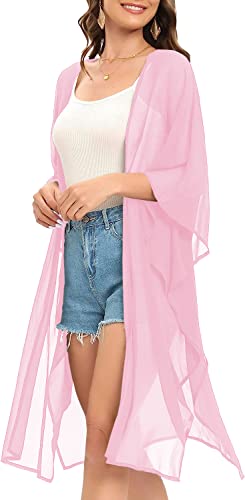 Image of Indian Trendy Women's Solid Puff Sleeve Kimono Long Cardigan Loose Cover Up Casual Blouse Top Chiffon