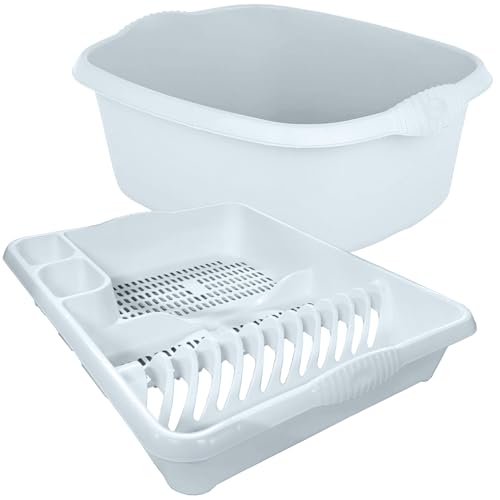 KetoPlastics White 2 Piece Kitchen Set - Large Dish Drainer and Rectangle Washing up Bowl