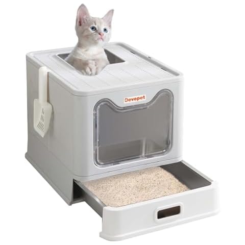 Devopet Stainless Steel Cat Litter Box Enclosed Litter Box with Lid Top Entry Foldable Litter Box Covered Metal Kitty Litter Box Large Litter Box with Cover, Non-Stick,Easy Cleaning Cover
