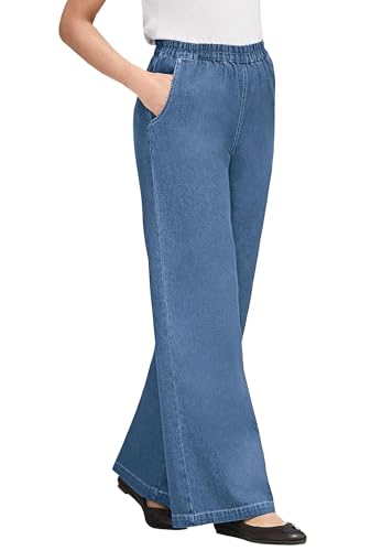 Woman Within Plus Size Perfect Elastic-Waist Wide-Leg All-Cotton Pull-On Denim Jeans