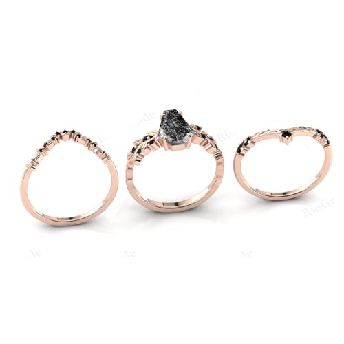Natural Hexagon Black Rutilated Quartz Engagement Ring Set 925 Sterling Silver Rings for Her with Free Engraving Jewelry Gift for Women Black Rutilated Quartz Vintage Ring Set Size 4-12 -24