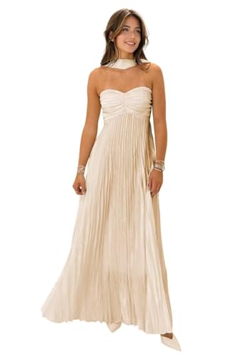 WENKAFO Strapless Bridesmaid Dress for Wedding Long Pleated Chiffon A
