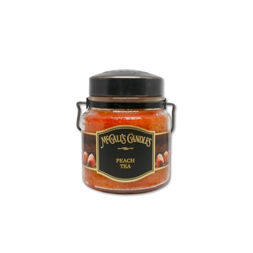 Image of McCall's Candles | Peach Tea | 16 oz Two-Wick Scented Candle | USA-Poured | Vintage Rustic Jar with Carrying Handle | Black Tea, Peach & Lemon Zest Fragrance