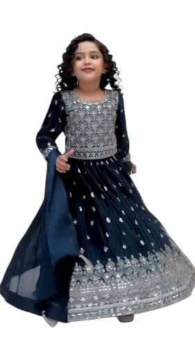 Girls Navy Blue Lehenga Choli Set with Silver Embroidery, Traditional Indian Wedding Party Wear Dress