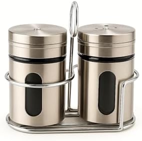 Arrozon Spice Jar Stainless Steel & Glass with Holder Stand | Salt & Pepper Shaker| Oregano,Chilli Flakes, Sugar, Seasoning Sprinkler| Air Tight Container | Masala Box Dabbi Set of (1)