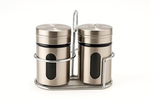 Arrozon Spice Jar Stainless Steel & Glass with Holder Stand | Salt & Pepper Shaker| Oregano,Chilli Flakes, Sugar, Seasoning Sprinkler| Air Tight Container | Masala Box Dabbi Set of (1)