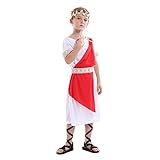 Funivals Toga Costume Boys with Leaf Headband Red，Halloween Classic Roman God Dress Up， Ancient Greek Outfit Kids (M)