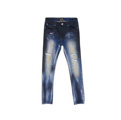Men's Slim-fit Mid-Fise Tie-Dye Distressed Denim Jeans with a Retro Style.