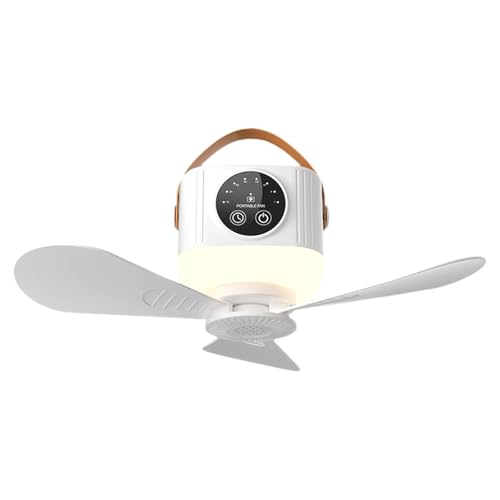 Ventilador de techo portátil para camping con luz LED, 3 velocidades, recargable, con temporizador, carga USB, ventilador pequeño silencioso para tienda de campaña, dormitorio, patio, casa rodante (A)