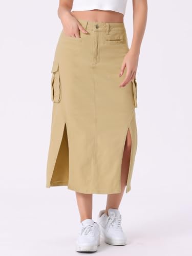 Allegra K Cargo Skirt with Slit for Women's Casual High Waist Cotton Midi Skirt with Pockets4