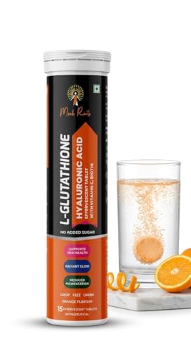 Image of L-Glutathione with Hyaluronic Acid Effervescent Tablets, Orange Flavour, Vitamin C, Biotin (15 Count (Pack of 1), Orange)