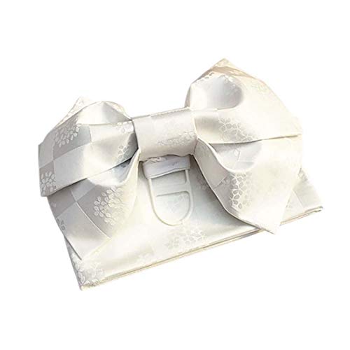 Japanese Traditional Pre-Tied OBI Belt Sakura Jacquard Weave Bow Tsukuri OBI Kimono Sash Yukata Robe Accessories (White)
