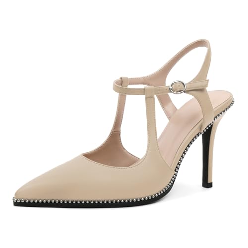 Image of SAMMITOP Womens High Heels Ankle Strap Pointed Toe Stilettos Patent Leather Beaded Pumps Dress Shoes 3.5 Inch