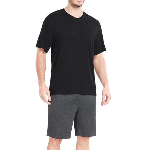 Schlafanzug Herren Kurz Pyjama Set Modal Weich Zweiteilig Kurzarm V-Ausschnitt T-Shirt & Shorty Schlafanzughose Sommer Loungewear für Männer Sleepwear mit Taschen, Schwarz + Dunkelgrau, XXL