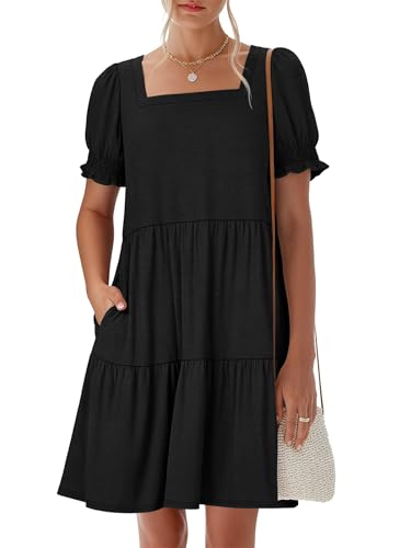 Image of ANRABESS Women Summer Square Neck Puff Short Sleeve Mini Dress 2026 Casual Flowy Sundress Beach Vacation Clothes with Pockets