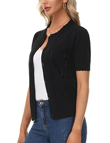 Women Short Sleeve Button Up Cardigans Lightweight Cable Knit Vintage Shrugs Crew Neck Bolero Sweater Black L #TOP1