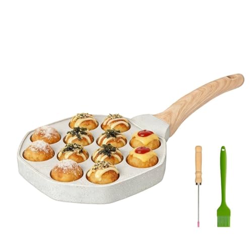 JSY Sun Nonstick Takoyaki Pan 12 Hole Mini Aebleskiver Pancake Puff Pan with Pick & Brush