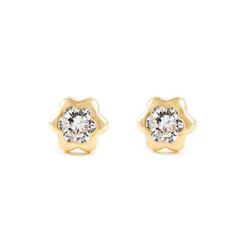 Mondepetit T1662P - Pendientes de bebe/niña oro 9 kts. margarita - Certificado de Garantía - Estuche Regalo - Mondepetit
