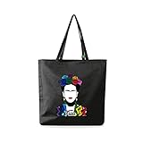 Material: Algodón 220 gr/m2 all sas Bolso shopper de tela de algodón 100% con estampado Frida Kahlo, Negro , 38x42 cm