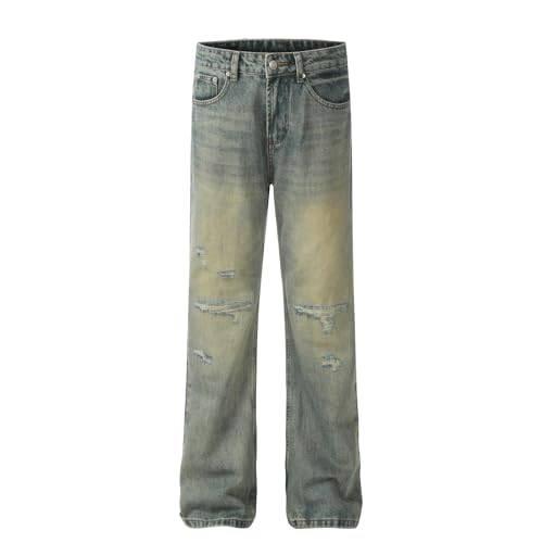 Jeans Pants Trouser Denim Retro Trendy Street Hole Grinding Fading Show High Casual Commuter Straight Leg for Men