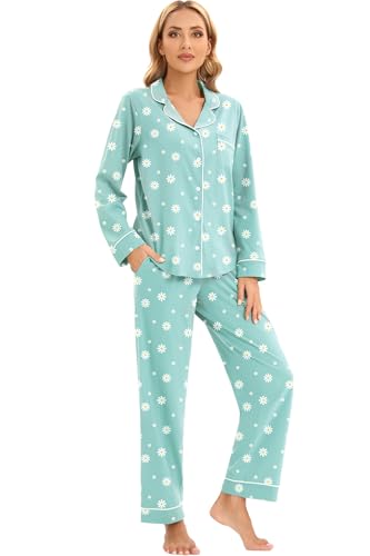 Image of LUBOT 100% Cotton Pajamas for Women Pajama Set 2 Piece PJ Sleepwear Set Soft Ladies Button Knit Long Sleeve Loungewear XS-XXL