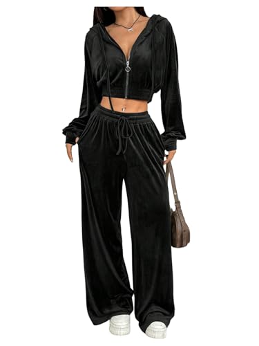 SOLY HUX Women's Two Piece Set Casual Velvet Outfits Zip