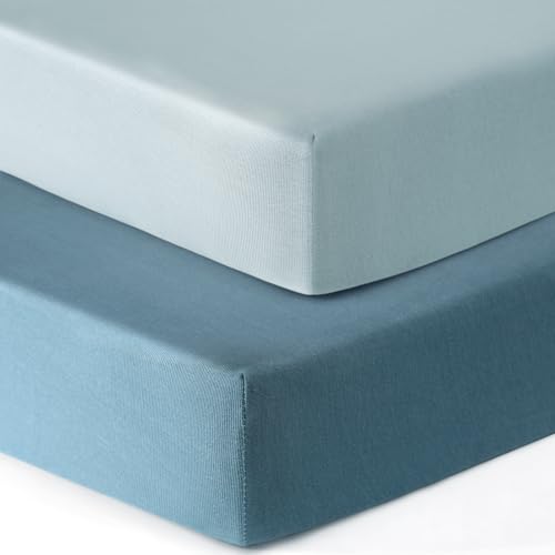 Image of GRSSDER Jersey Crib Sheets for Boys and Girls, Stretchy Ultra Soft Crib Fitted Sheets Set 2 Pack, Universal Fit All Standard Crib Mattress Pads Safe and Snug, Navy Blue/Baby Blue