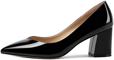 AMBELIGHT Women's Solid Slip On 2.5 Inch Mid Heel Chunky Patent Office Pointed Toe Dress Pumps Shoes Black Size 8 - Tacones para Mujer | Image 2