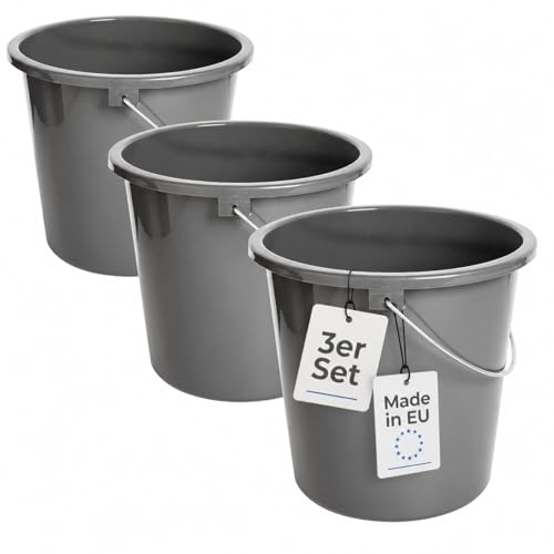 Putzeimer 10l 3er Set Eimer 10l Kunststoff mit Metallgriff & Messskala Wischeimer Putzkübel Plastikeimer BPA-frei Haushaltseimer grau vielseitig und robust Made in EU