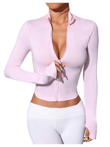COZYEASE Jaqueta feminina de corrida cropped com zíper manga comprida gola redonda slim fit yoga tre