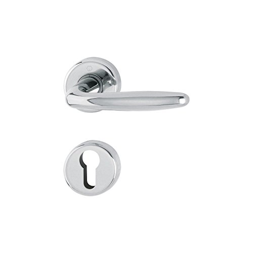 HOPPE 3066857 Roissy Handle Round Rosette Plated Brass Silver Shiny Profile Cylinder 1 Complete Set, Polished Chrome Finish